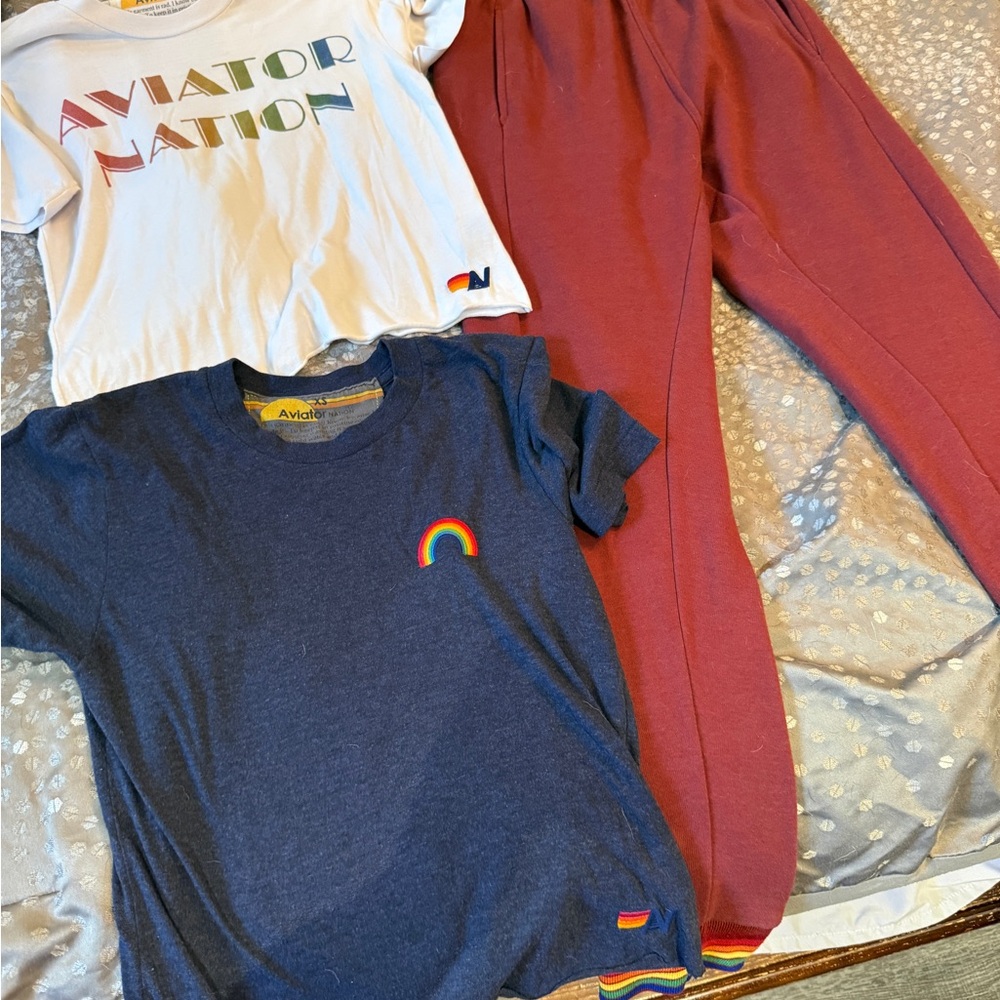 Aviator Nation Sweatpants and 2 tees. Blue t-shirt and white t-shirt.